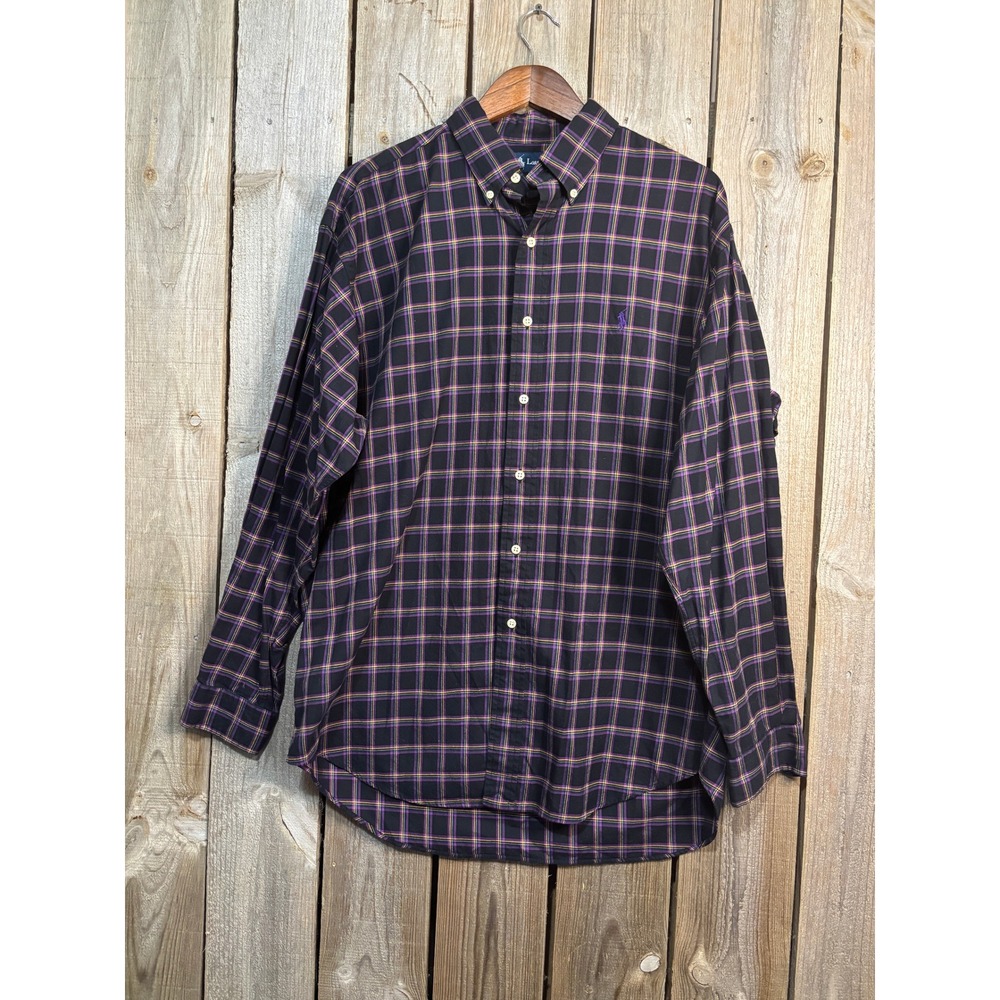 Ralph Lauren Blake Shirt Mens Large Black Purple Plaid Cotton Button Down Logo
